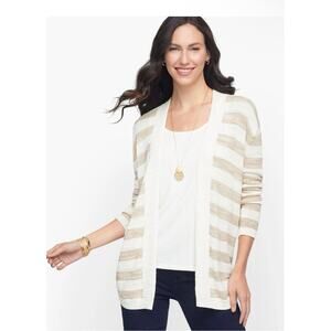 Talbots Cotton Blend Tan & Cream Striped Open Front Cardigan Coastal Neutral LP